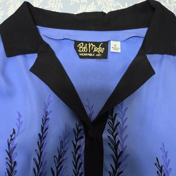 Bob Mackie Art To Wear Womens Sz XL 100% Silk Blue and Black Button Down Top - Picture 3 of 15